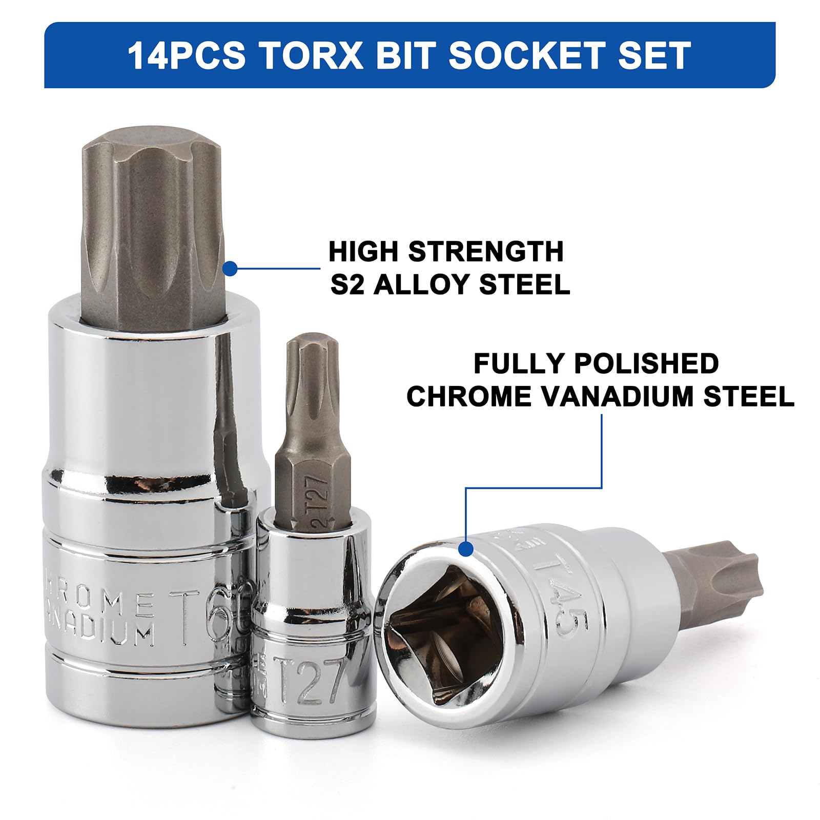 Mayouko 14PCS Torx Bit Socket Set, T6-T60, 1/4-Inch, 3/8-Inch and 1/2-Inch Drive, S2 and Cr-V Steel, Star Bits Socket Set