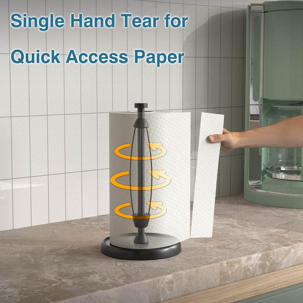 Paper Towel Holder Countertop, One-Handed Tear, Stainless Steel, Weighted Base, Black Paper Towel Holder Stand with Ratchet Mechanism for Kitchen Bathroom Decor Accessories, Black