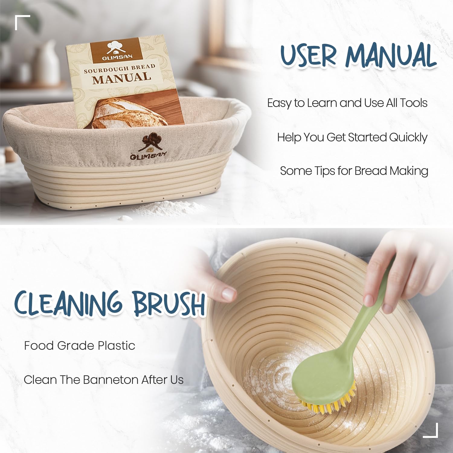 Glimsax Banneton Proofing Basket Set of 2, 9" Round & 10" Oval for Sourdough Baking, Bread Making Accessories and Tools Starter Kit, Gifts for Beginner and Professional Bakers
