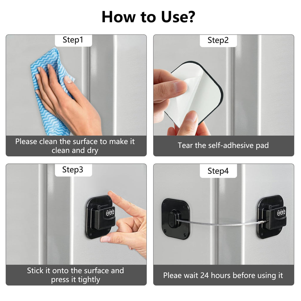 Refrigerator Lock, Heavy Duty Fridge Lock, Combination Lock for Refrigerator Cabinets, Drawers, Safety Lock, Easy Install No Keys Needed (Black-1Pack)
