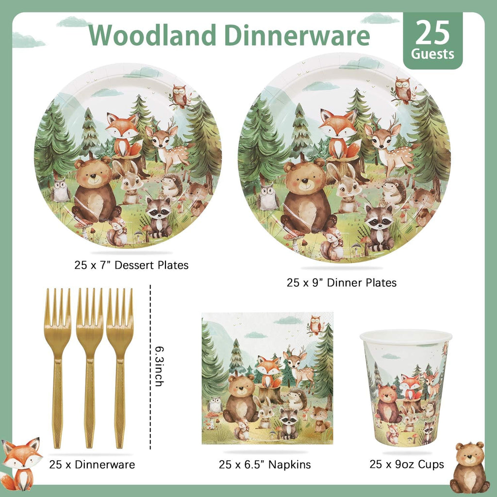 Woodland Baby Shower Decorations Plates Set 25 Guests, 125 Pcs Paper Plates Napkins Cups Cutlery Forest Animals Theme Birthday Decorations Tableware