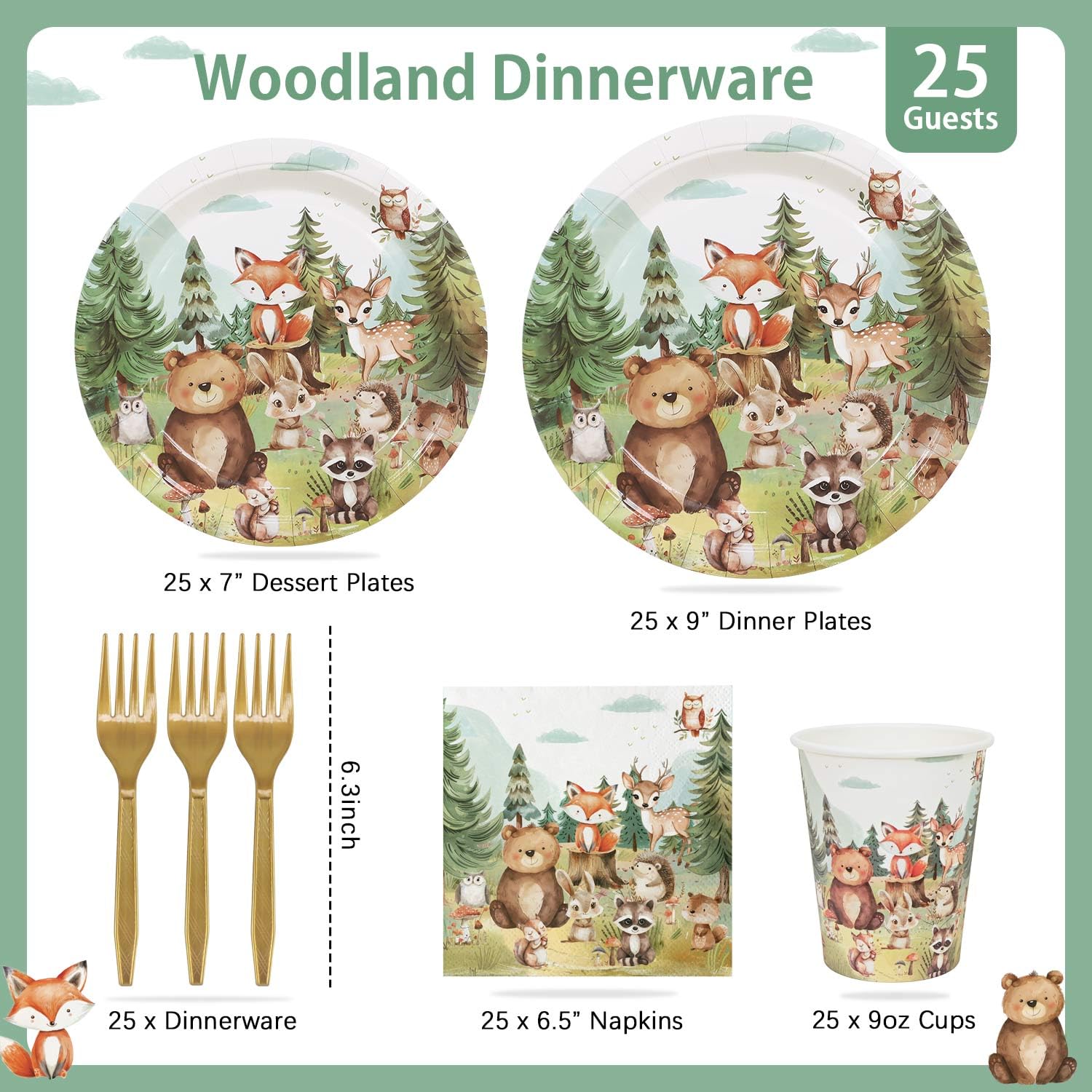 Woodland Baby Shower Decorations Plates Set 25 Guests, 125 Pcs Paper Plates Napkins Cups Cutlery Forest Animals Theme Birthday Decorations Tableware