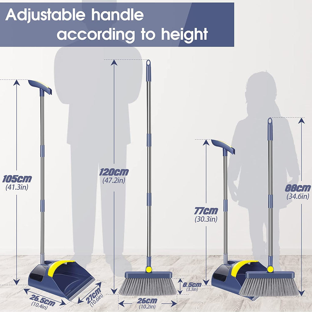 Almcmy Broom and Dustpan Set for Home, Long Handle Broom Dustpan Combo, Foldable Dustpan with Comb Teeth, Standing Broom and Dustpan Set for Home Kitchen Lobby Indoor Floor Cleaning (Navy Blue)