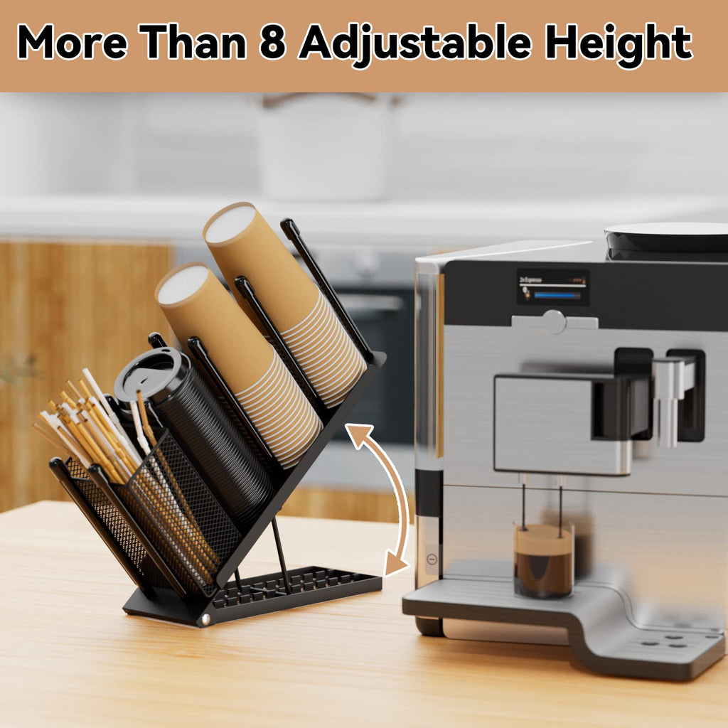 Ovicar Cup and Lid Holder - Adjustable Coffee Cup Holder Organizer 4 Compartment Disposable Cup Dispenser with Coffee Pod Straw Storage Basket for Coffee Station Bar Countertop Breakroom Metal (Black)