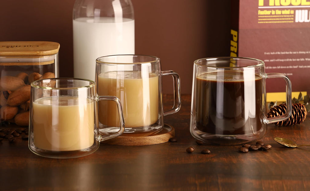 CNGLASS 10oz Glass Coffee Mugs,Double Wall Insulated Glass Cups with Handle,Clear Espresso Mugs for Latte,Cappuccino,Tea Bag,Set of 2
