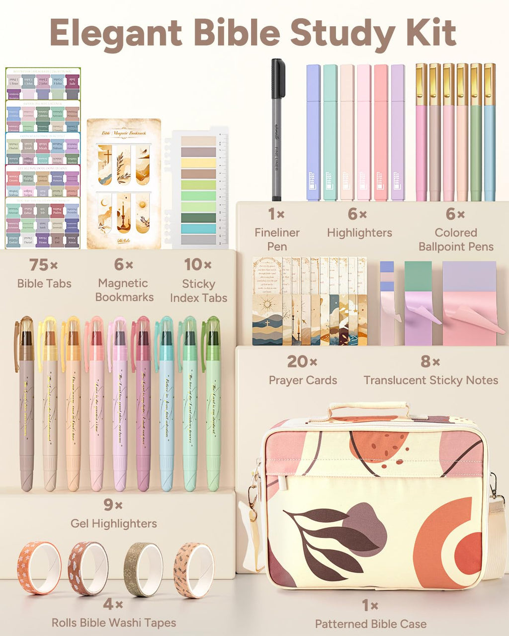 WEMATE 76 PCS Bible Study Supplies with Bible Case, 15 No Bleed Bible Highlighters and Pens, Washi Tape, Transparent Sticky Notes, Prayer Cards, Annotation Journaling Kit Christian Gift for Women