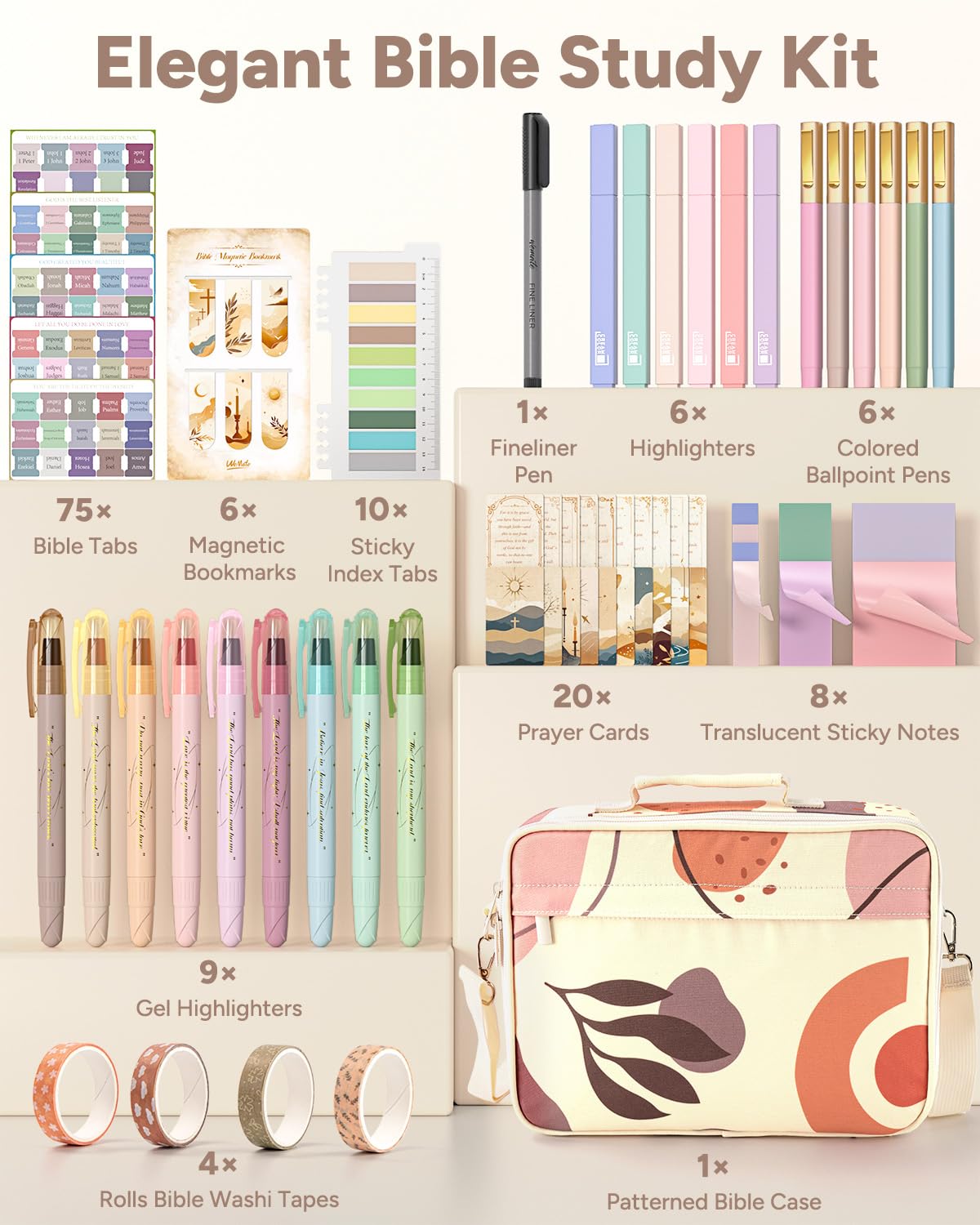 WEMATE 76 PCS Bible Study Supplies with Bible Case, 15 No Bleed Bible Highlighters and Pens, Washi Tape, Transparent Sticky Notes, Prayer Cards, Annotation Journaling Kit Christian Gift for Women