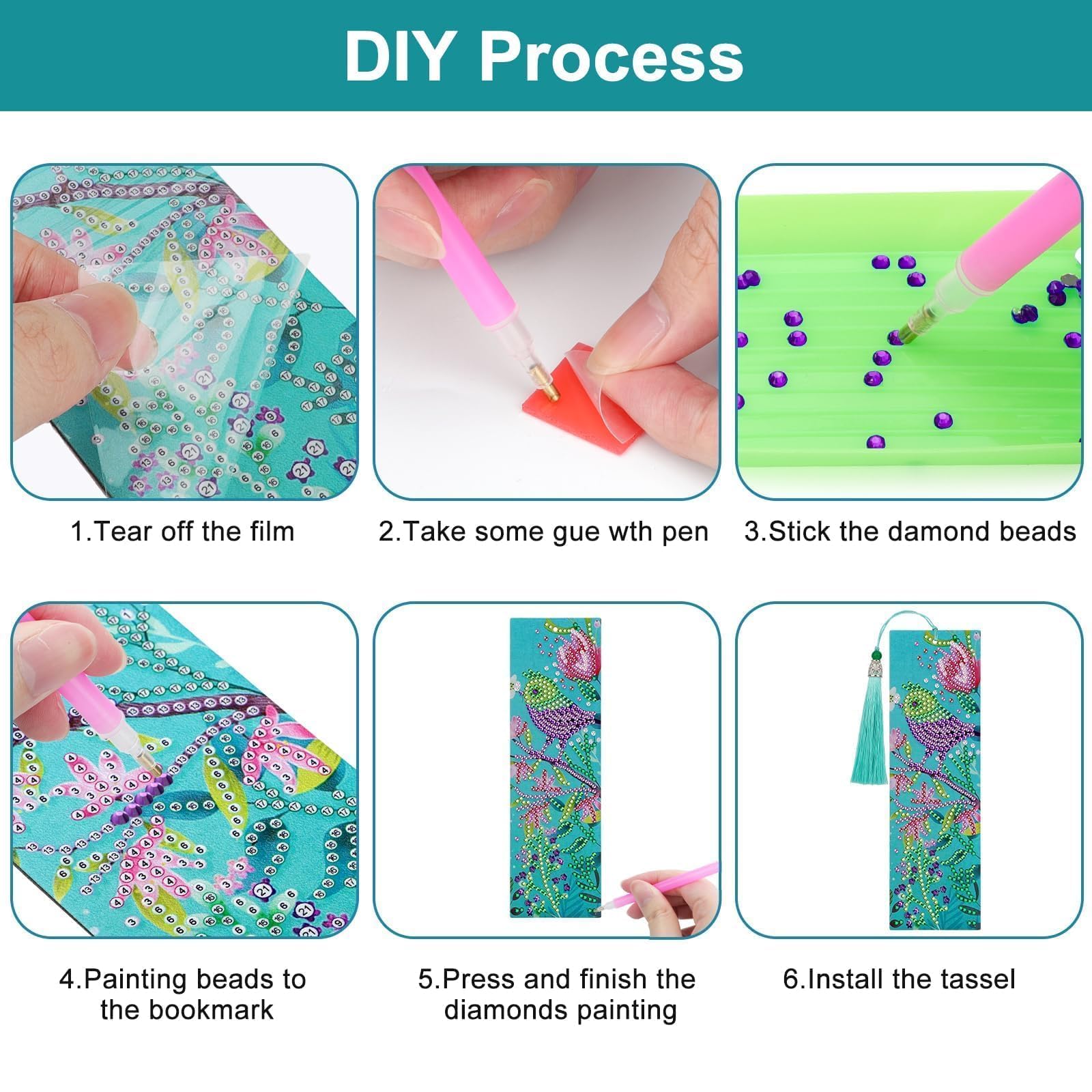 EEEKit 4 PCS Diamonds Painting Bookmarks, DIY Diamond Art Kits for Adults, Floral Tassel Leather Page Bookmark for Book Lovers