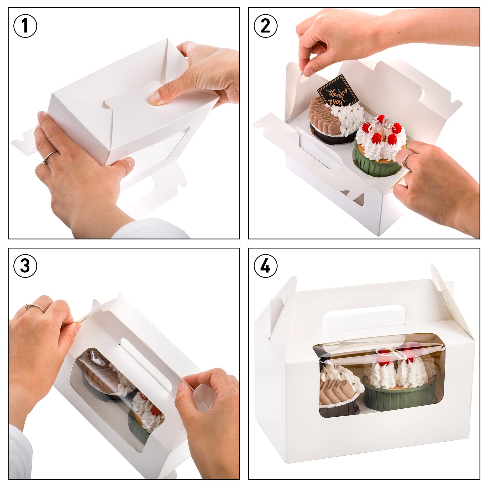 Jucoan 60 Pack 2 Count White Paper Cupcake Boxes with Insert, Handle and Window, Portable Cupcake Muffin Containers, Gable Bakery Gift Boxes Party Favor Treat Boxes for Wedding Birthday Baby Shower