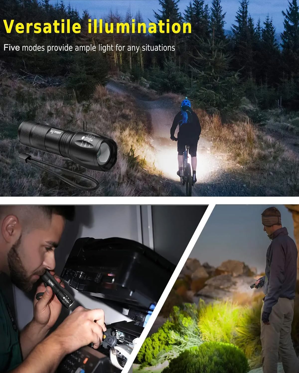 LED Flashlight, Wowlite Ultra Bright XML T6 LED Torch with 5 Light Modes & Adjustable Focus for Emergency Camping Hiking (3 Pack)
