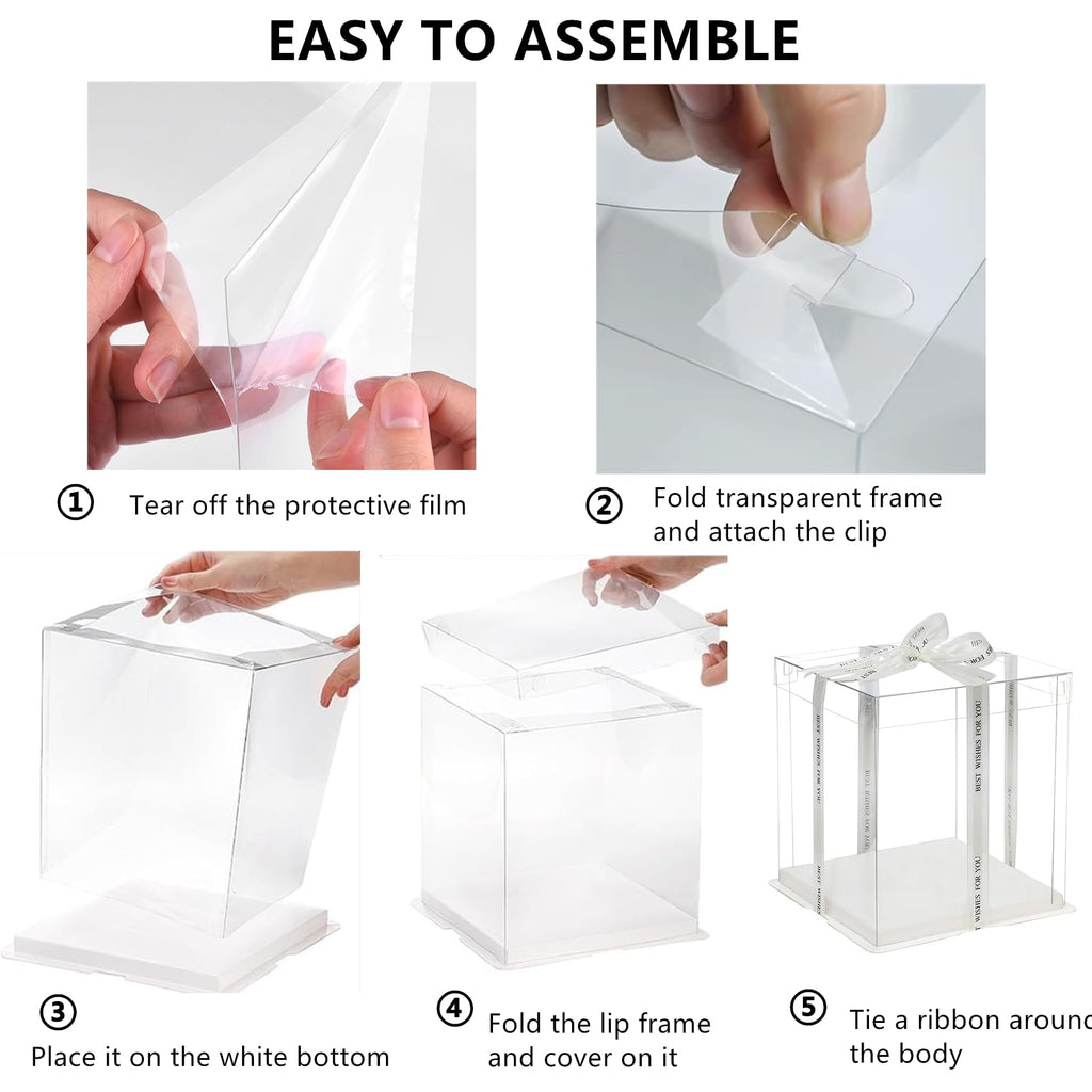 NROZIET 6 Pack Clear Cake Box, 2-Layer Transparent Cakes Box with Ribbon, 10" X 10" X 9" Tall Cake Carrier Boxes with Sturdy Board for Bakery Dessert Bread Pastry Birthday Parties, Wedding Graduation