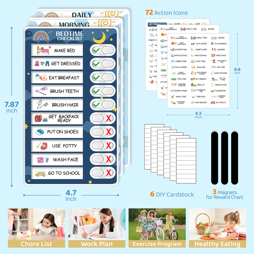3 in 1 Bedtime/Morning/Daily Routine Chart for Kids, Magnetic Chore Chart for Kids, Behaviour Chart for Kids Toddlers to Do List Board for Home