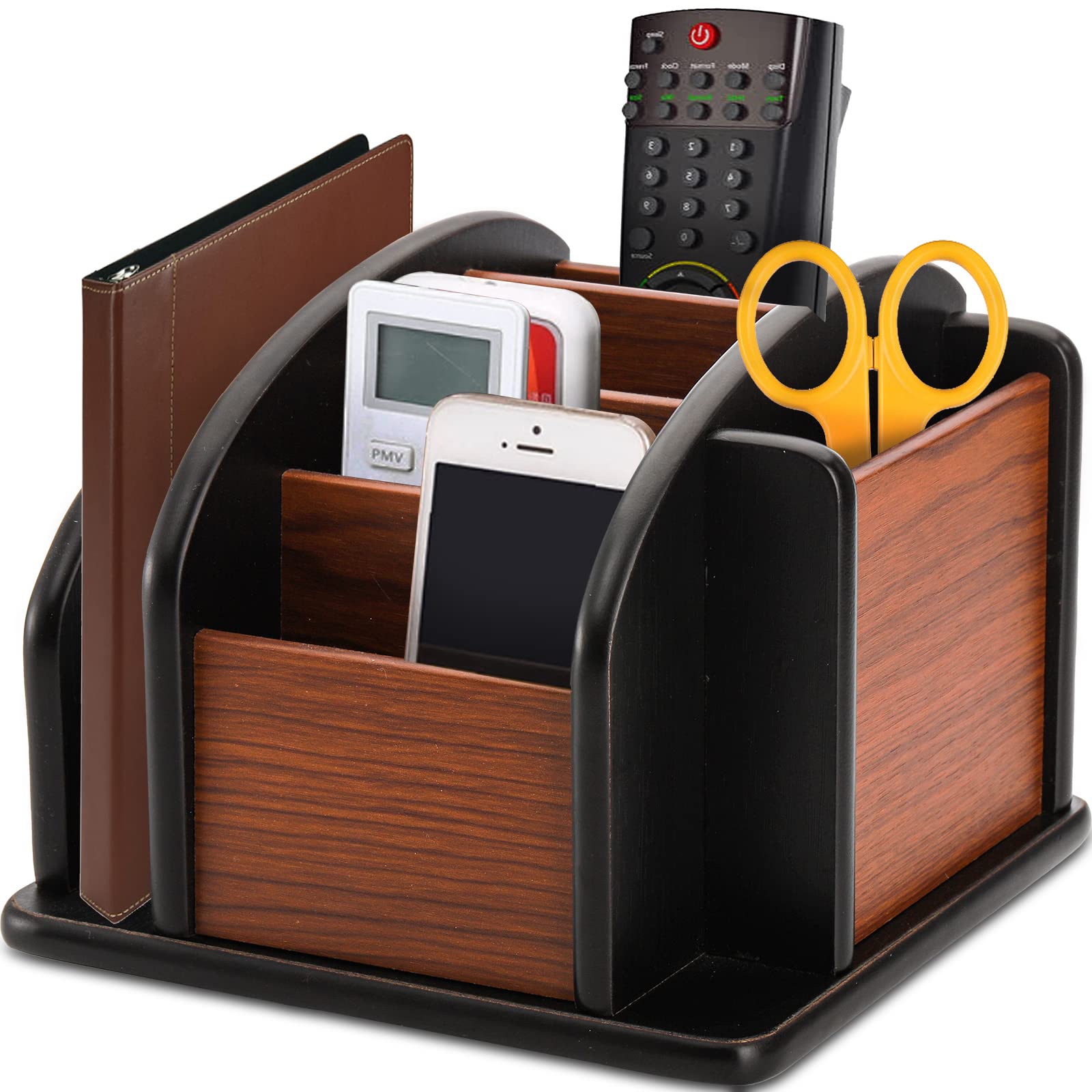 DEAYOU Wood Rotating Remote Control Holder, Spinning Remote Caddy for Table, 6-Compartment Wooden Revolving Office Supplies Desktop Storage Organizer for Pen, Pencil, Mail, Desk, Home, Living Room