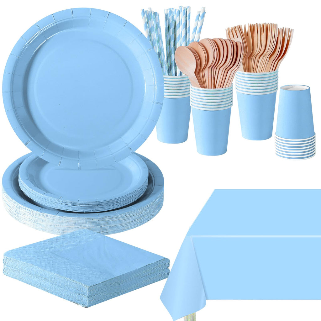 PYAILI 169 Pcs Baby Blue Party Tableware Set, Paper Plates Cups Napkins Tablecloth, Dinnerware Set for Kids Adult Birthday,Wedding,Baby Shower Party Tableware