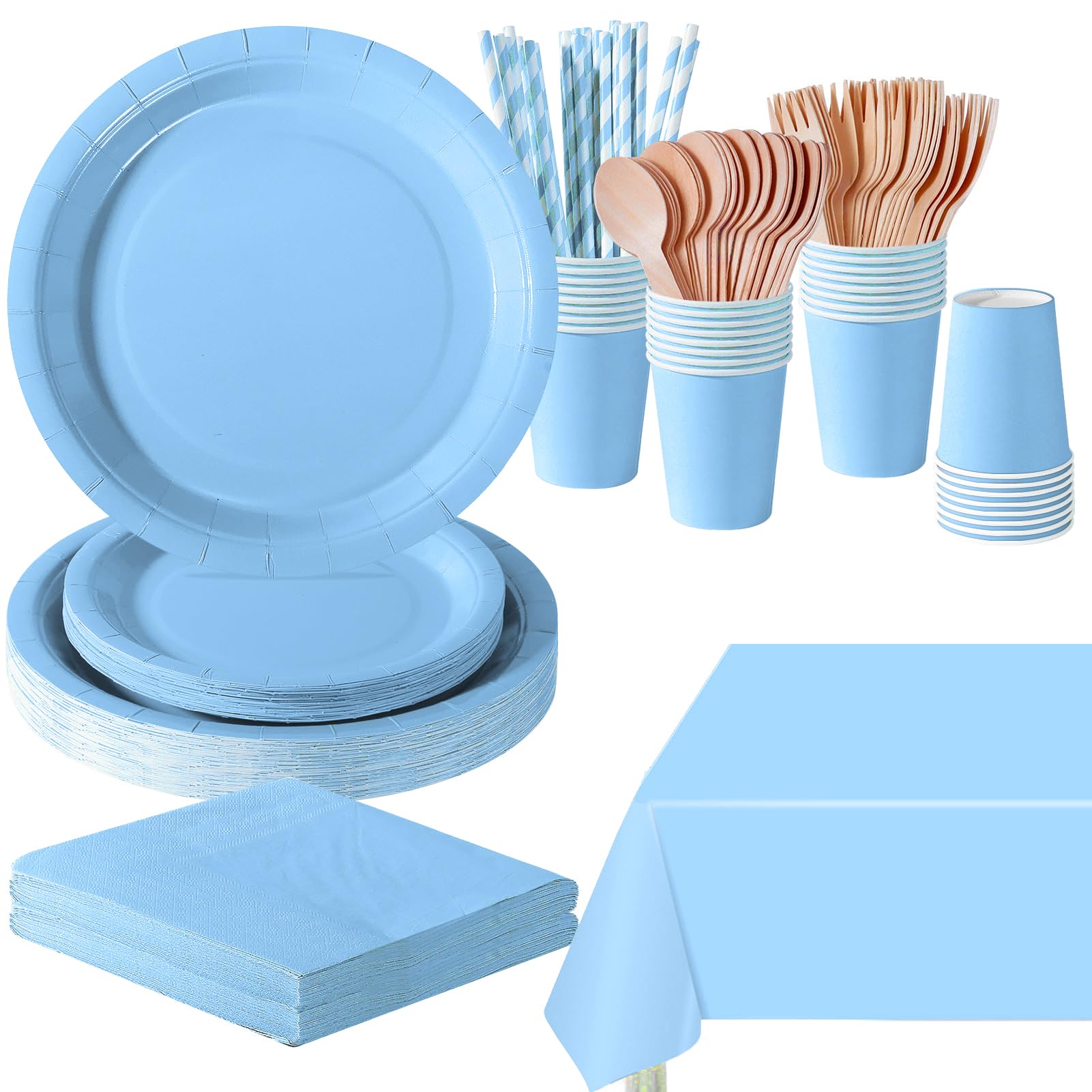 PYAILI 169 Pcs Baby Blue Party Tableware Set, Paper Plates Cups Napkins Tablecloth, Dinnerware Set for Kids Adult Birthday,Wedding,Baby Shower Party Tableware