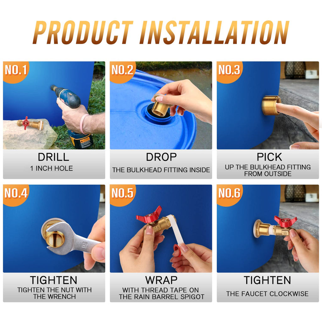 WADEO Rain Barrel Spigot Kit Brass Rain Barrel Quarter Turn Ball Valve Spigot with Bulkhead Fitting
