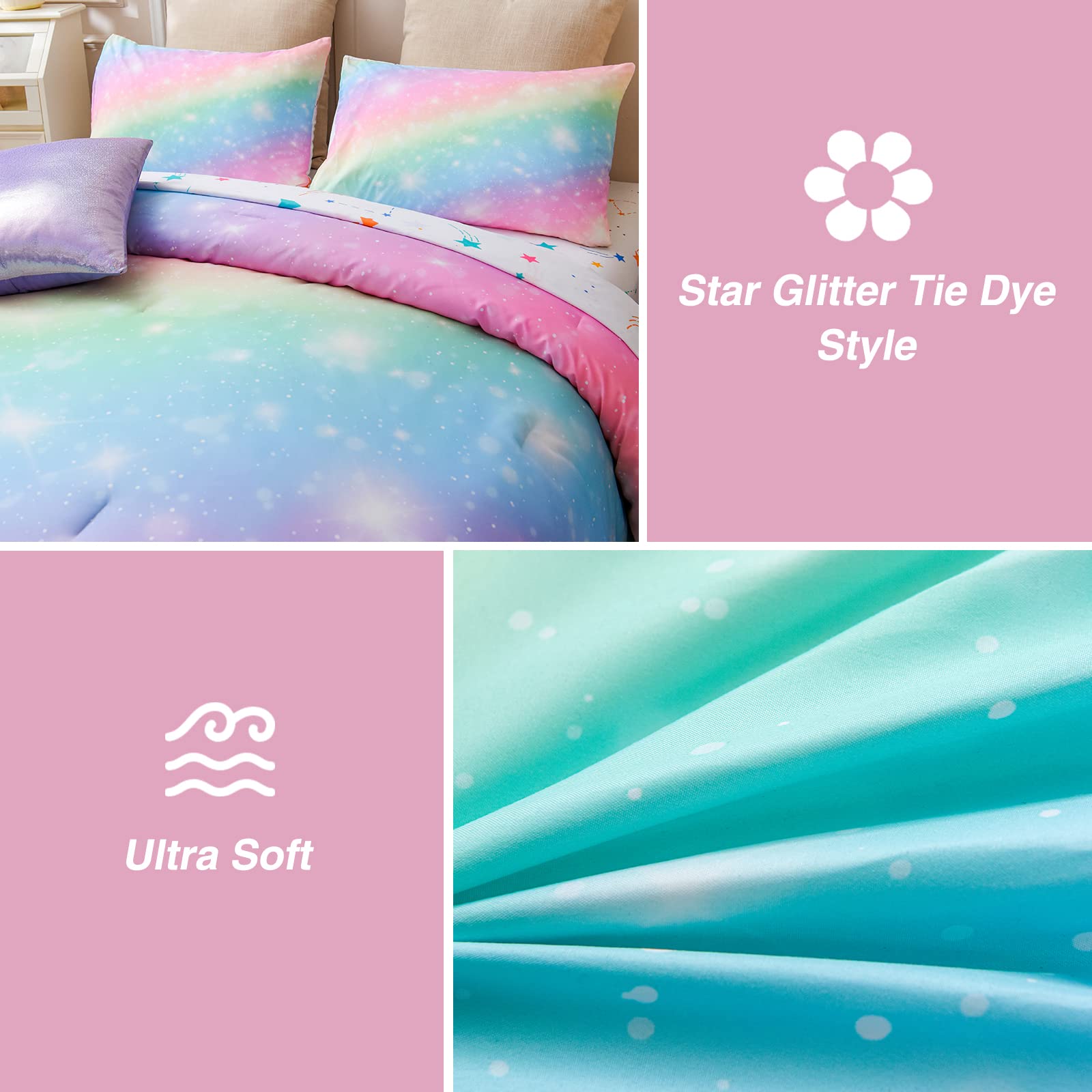 A Nice Night 6Pcs Gradient Glitter Bedding Set for Girls Twin Size, Colorful Rainbow Galaxy Comforter Set, Ultra Soft Bedding Sets, Pink
