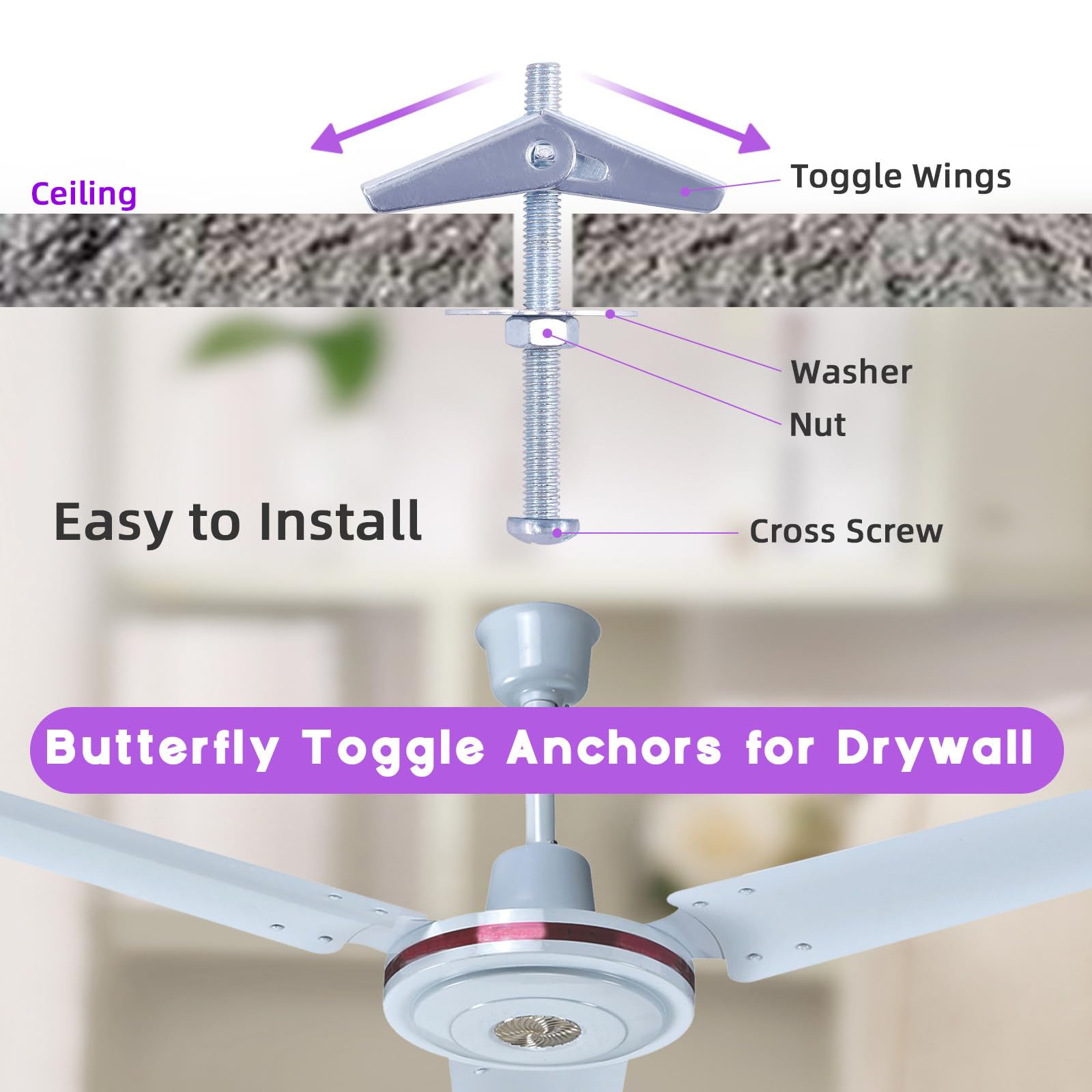 Swpeet 192Pcs Toggle Bolt Kit - 1/8", "3/16", "1/4 Inch - Carbon Steel - Butterfly Toggle Anchors for Drywall - Light-duty Applications