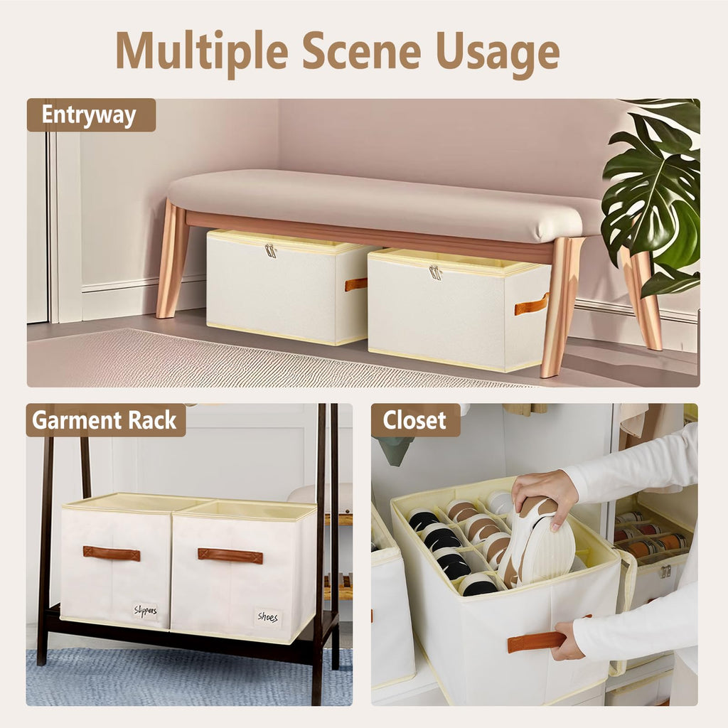 Patinao 3 Pack Shoe Storage Box Organizer for Closet - 24 Cell Space Saver Shoes Containers Bin with Clear Lids Stackable, Can Fit Ottoman, Foldable Shoe Rack Cabinet Cubby for Wardrobe