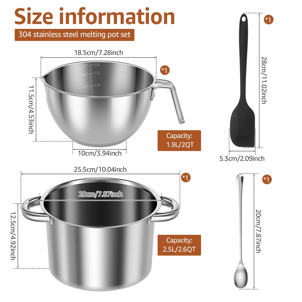 304 Stainless Steel Double Boiler Pot Set 2QT Chocolate Melting Bowl with Scale and Handle 2.6QT Dual-Handle Pot with Silicone Spatula and Spoon Stackable for Butter Chocolate Wax Sugar (A)