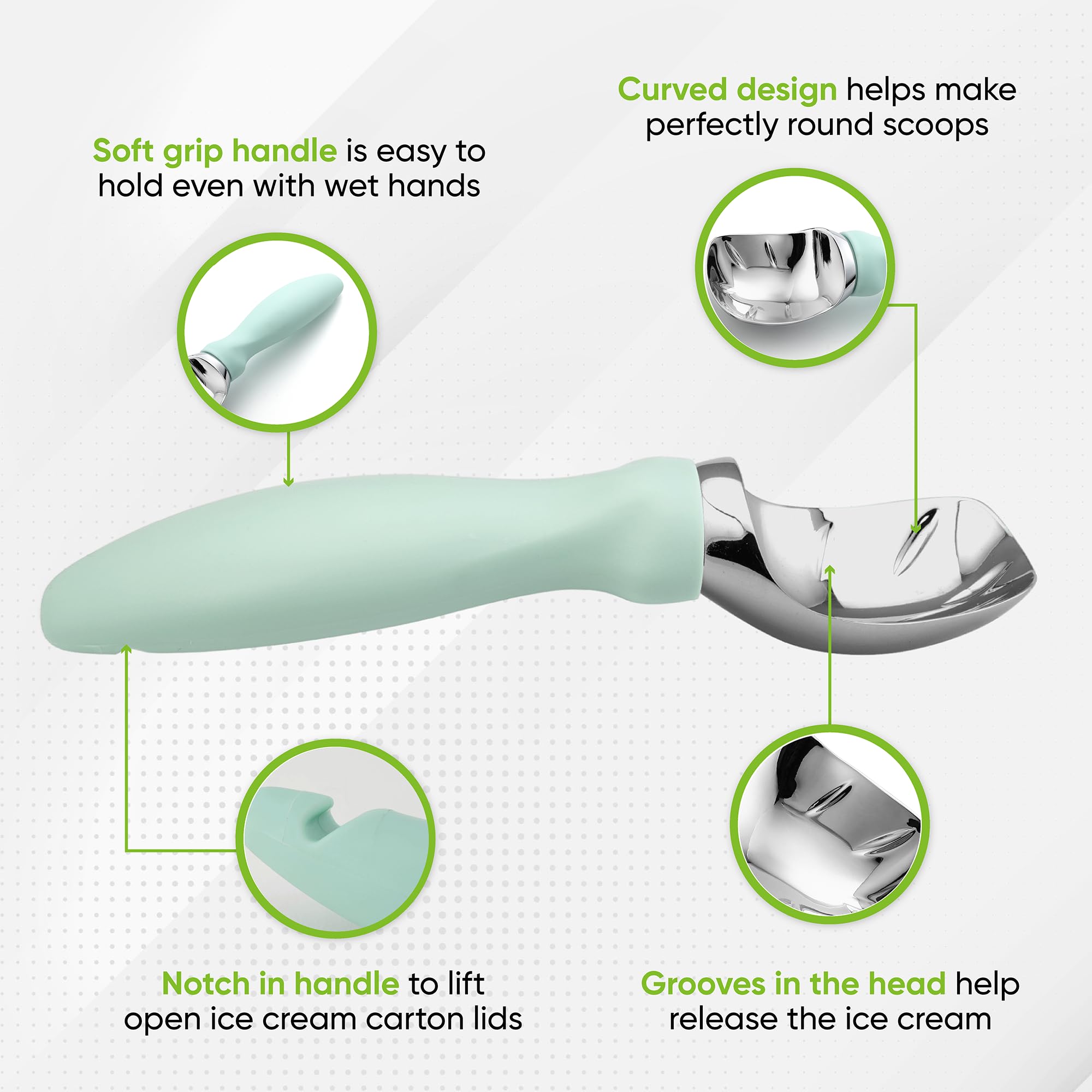 Spring Chef Ice Cream Scoop with Comfortable Handle, Professional Heavy Duty Sturdy Scooper, Premium Kitchen Tool for Cookie Dough, Gelato, Sorbet, Mint