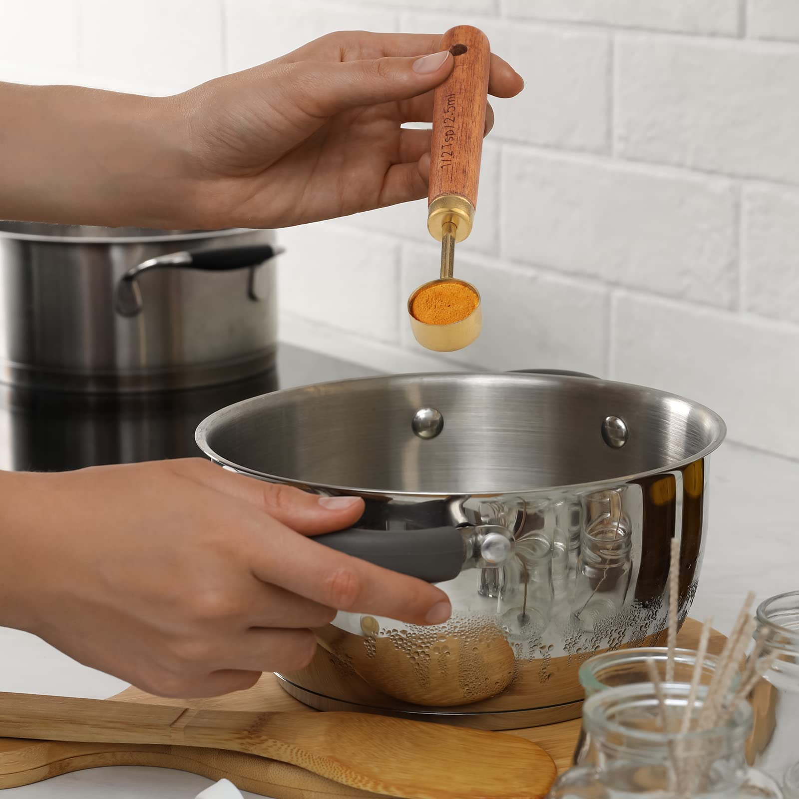 Muchtolove Measuring Cups and Spoons Set of 8, Golden Stainless Steel Measuring Cup with Wooden Handle, Kitchen/Food/Liquid/Baking (Gold)