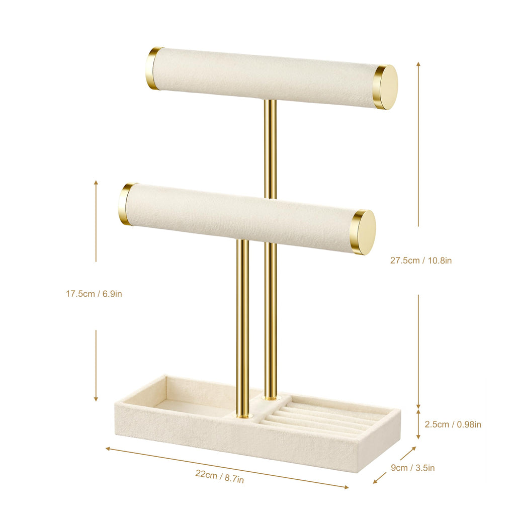 2 Tier Bracelet Holder Display - Beige Velvet Jewelry Organizer Stand, Detachable T Bar Jewelry Holder for Bracelet, Necklace, Watches, Rings, Earrings