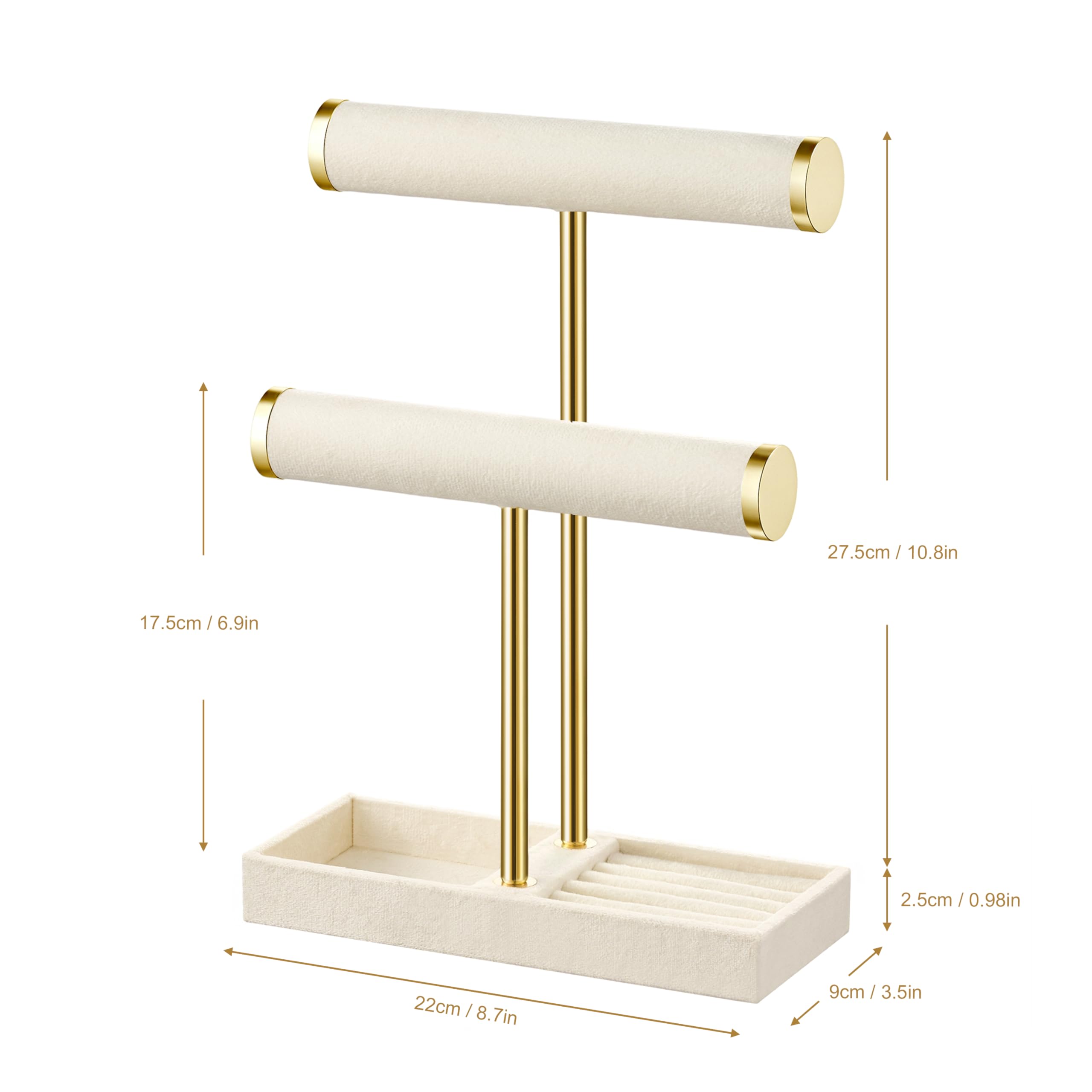 2 Tier Bracelet Holder Display - Beige Velvet Jewelry Organizer Stand, Detachable T Bar Jewelry Holder for Bracelet, Necklace, Watches, Rings, Earrings