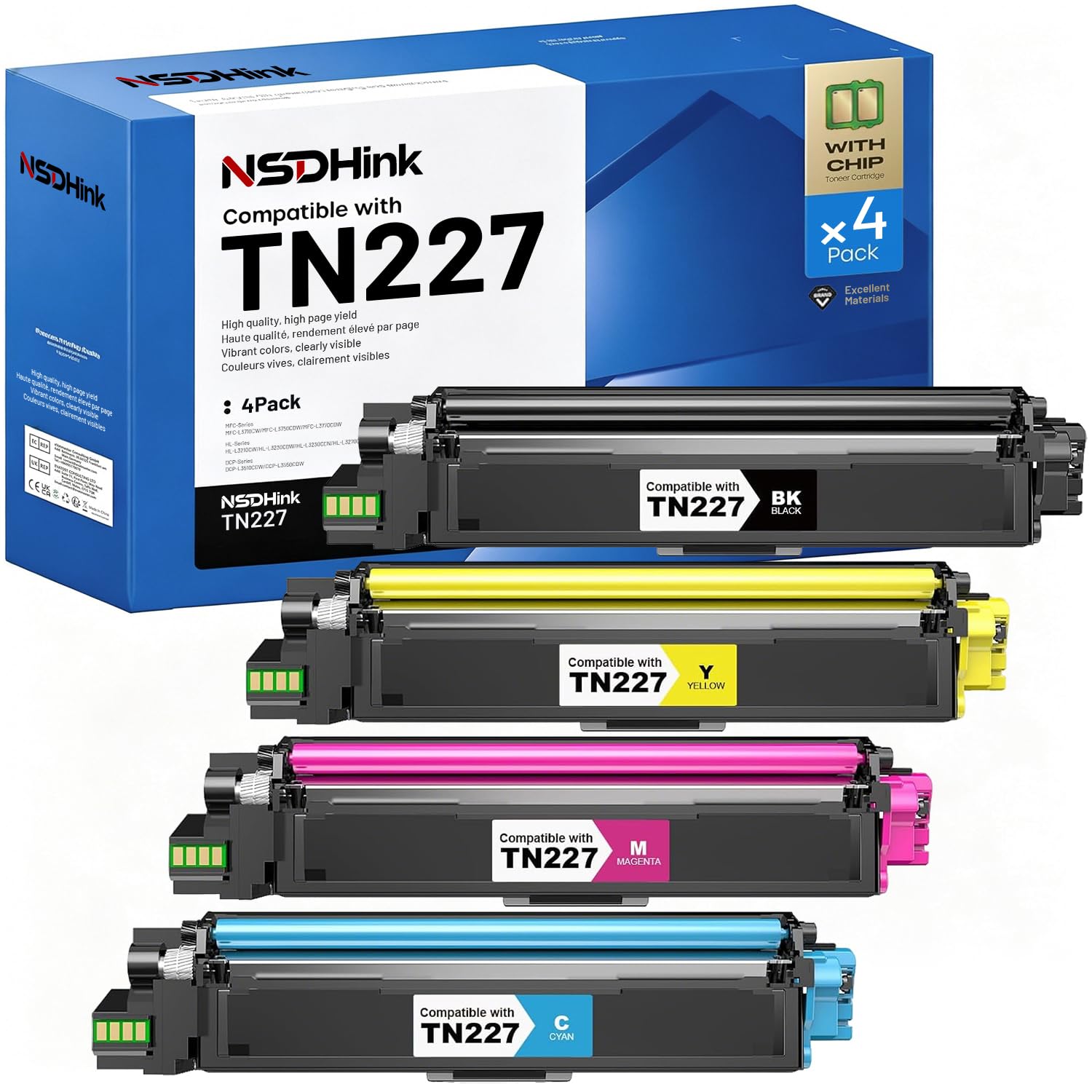 NSDHink (with Chip) Compatible TN227 Toner Cartridges for Brother TN-227 TN223 Toner Combo Pack Replacement for Brother MFC-L3770CDW HL-L3290CDW HL-L3270CDW MFC-L3710CW HL-L3210CW Toner, 4-Pack