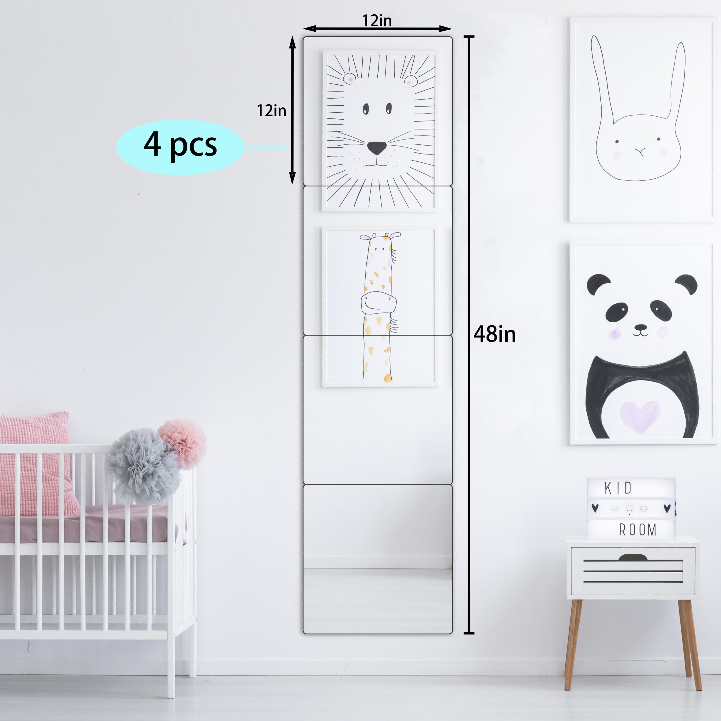 Unbreakable Wall Mirror Full Length for Bedroom,Kids Safe Shatterproof Mirror for Body,4 Pack 12"x12",Child Acrylic Plastic Non Glass Long Mirror,Flexible Plastic Mirror Sheets Wall Stickers