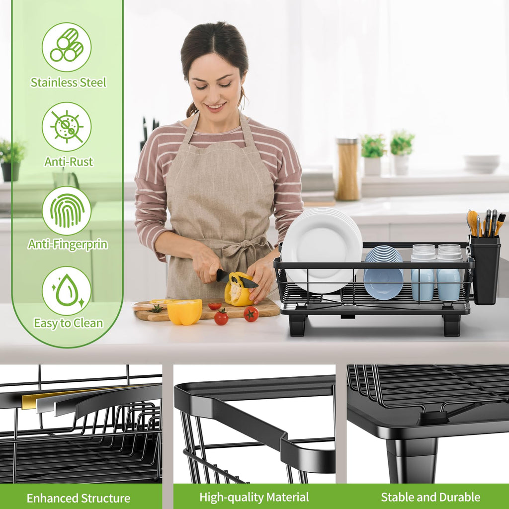 Small Dish Drying Rack, Space Saving Dish Racks for Kitchen Counter, Kitchen Organizer Dish Drainer with Cutlery Holder for Spoons and Forks, Black