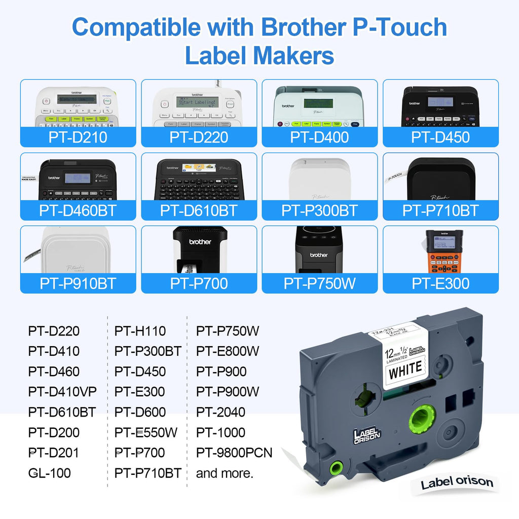 Label Orison 5Pack Compatible with Brother P-Touch Label Tape 12mm TZe231 TZ-231 for Brother PT-H110 PT-D210 PT-D400 PT-D600 Label Maker,Black on White,12mm x 8m (0.47 x 26.2Feet)