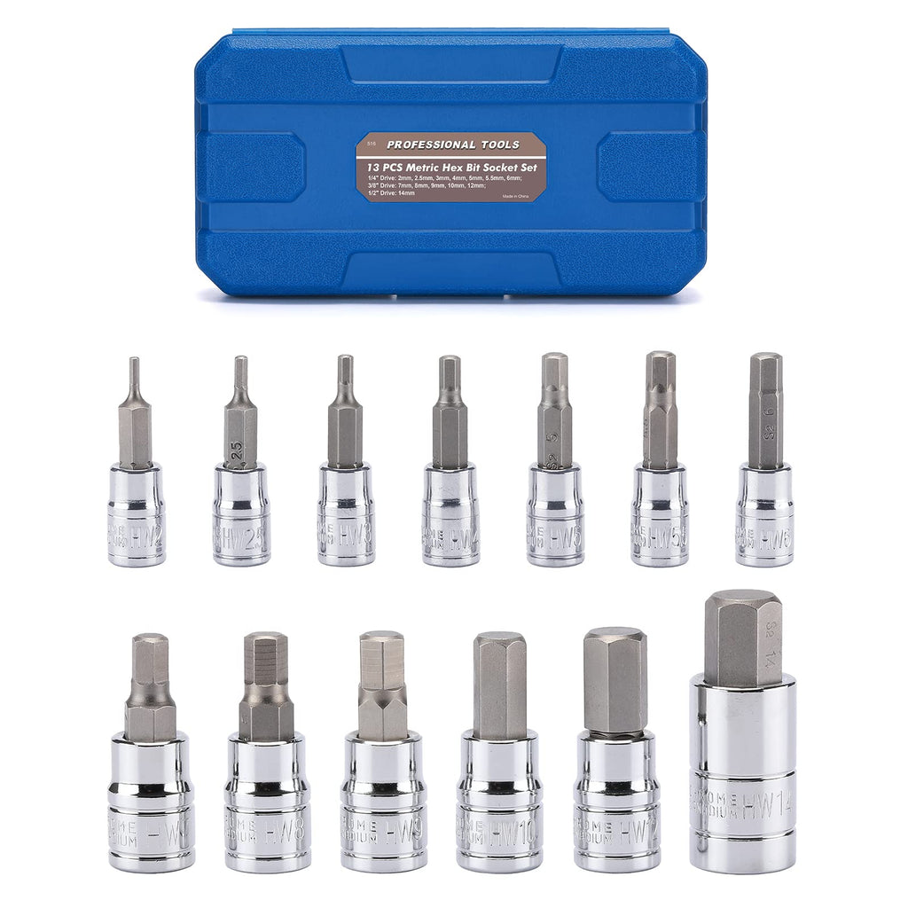 Mayouko 13PCS Metric Hex Bit Socket Set, CR-V Allen Bit Socket Kit, S2 Steel, 2mm - 14mm
