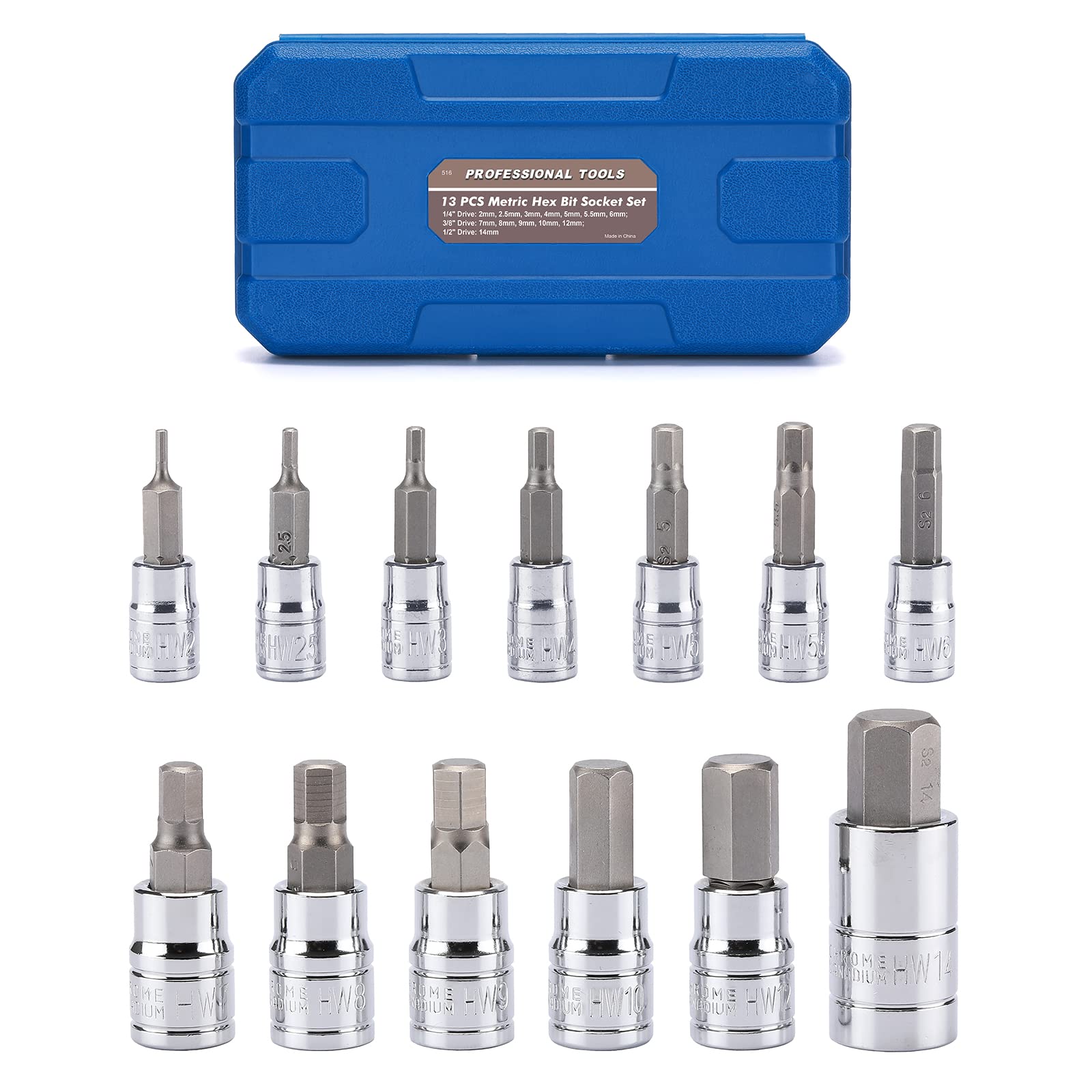 Mayouko 13PCS Metric Hex Bit Socket Set, CR-V Allen Bit Socket Kit, S2 Steel, 2mm - 14mm
