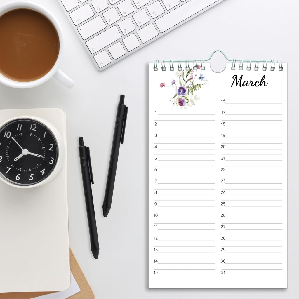 Perpetual Calendar – Undated Calendar 12-Month for Birthday, Anniversaries, Important Days, Festivals Reminder, 6'' x 10'' with 2 Lines Per Days, Twin-wire Binding, Thicker Paper, Minimalist Flowers