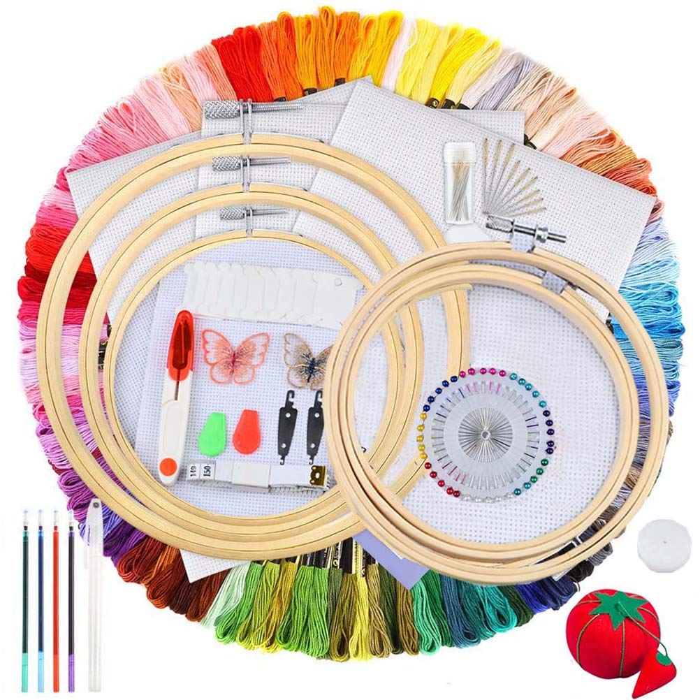 Full Range Embroidery Starter Set Including 5 Pieces Bamboo Embroidery Hoops, 100 Colors Embroidery Threads, 2 Pieces Aida Cloth and Cross Stitch Tool Kit for Beginners (100 Embroidery Thread (New))