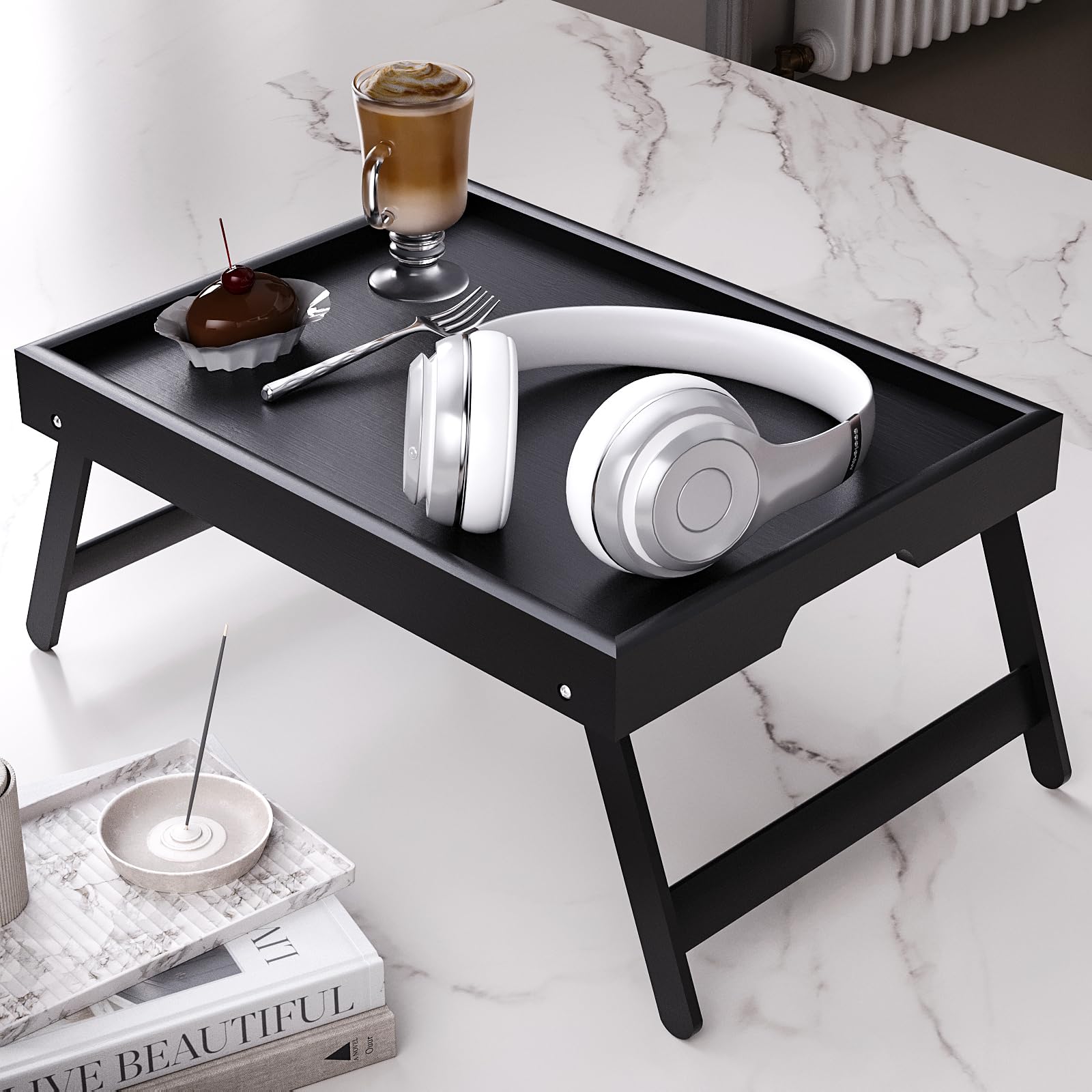 Bamboo Bed Table Tray with Foldable Legs, Large Breakfast Bed Tray with Handles for Food, Snack Small Laptop (Black)