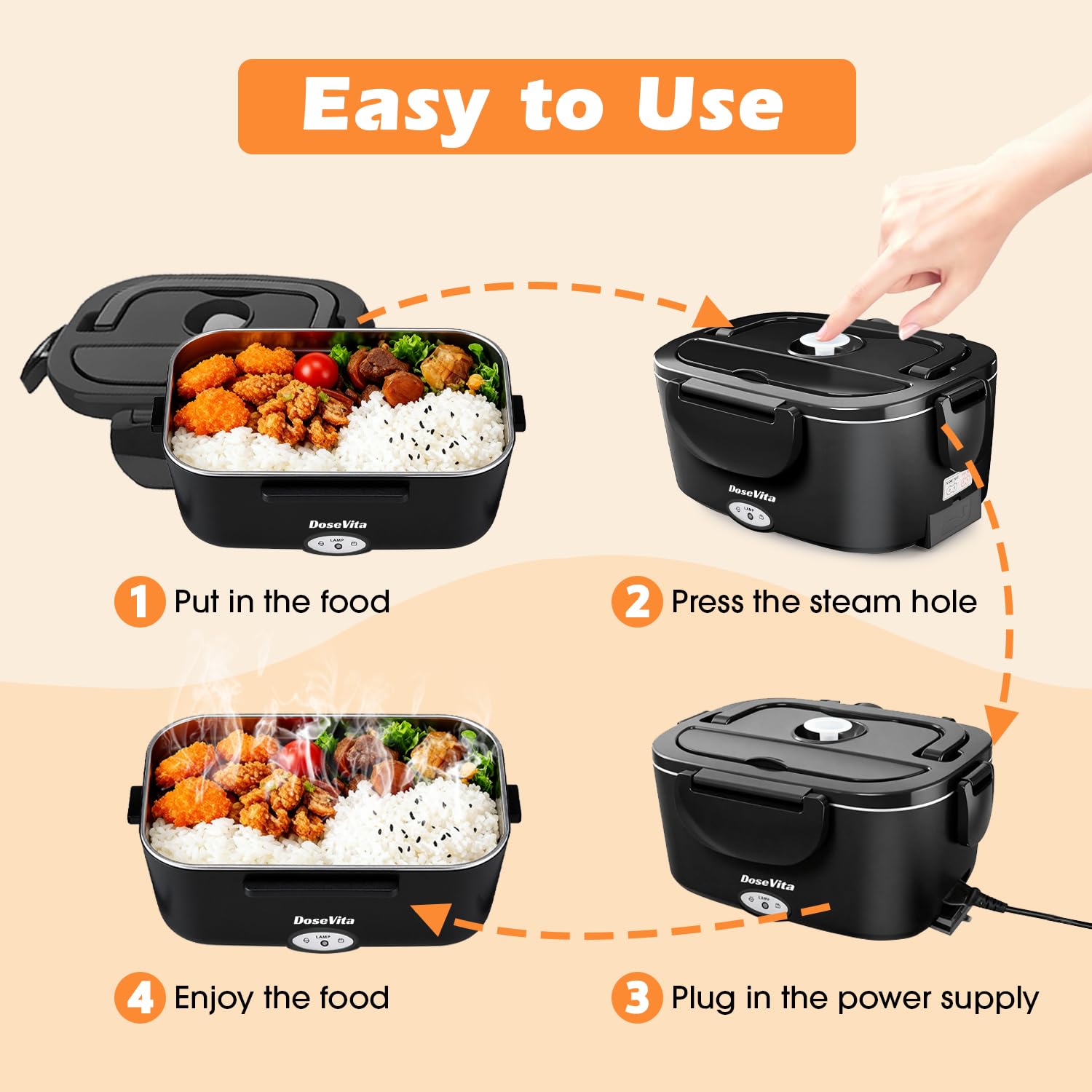 Dosevita Electric Lunch Box for Adults, 80W Heated Lunch Box 1.5L 304 Stainless Steel Portable Food Warmer,12/24/110V Lonchera Eléctrica Portátil for Car, Truck, Work, Travel (Black1)