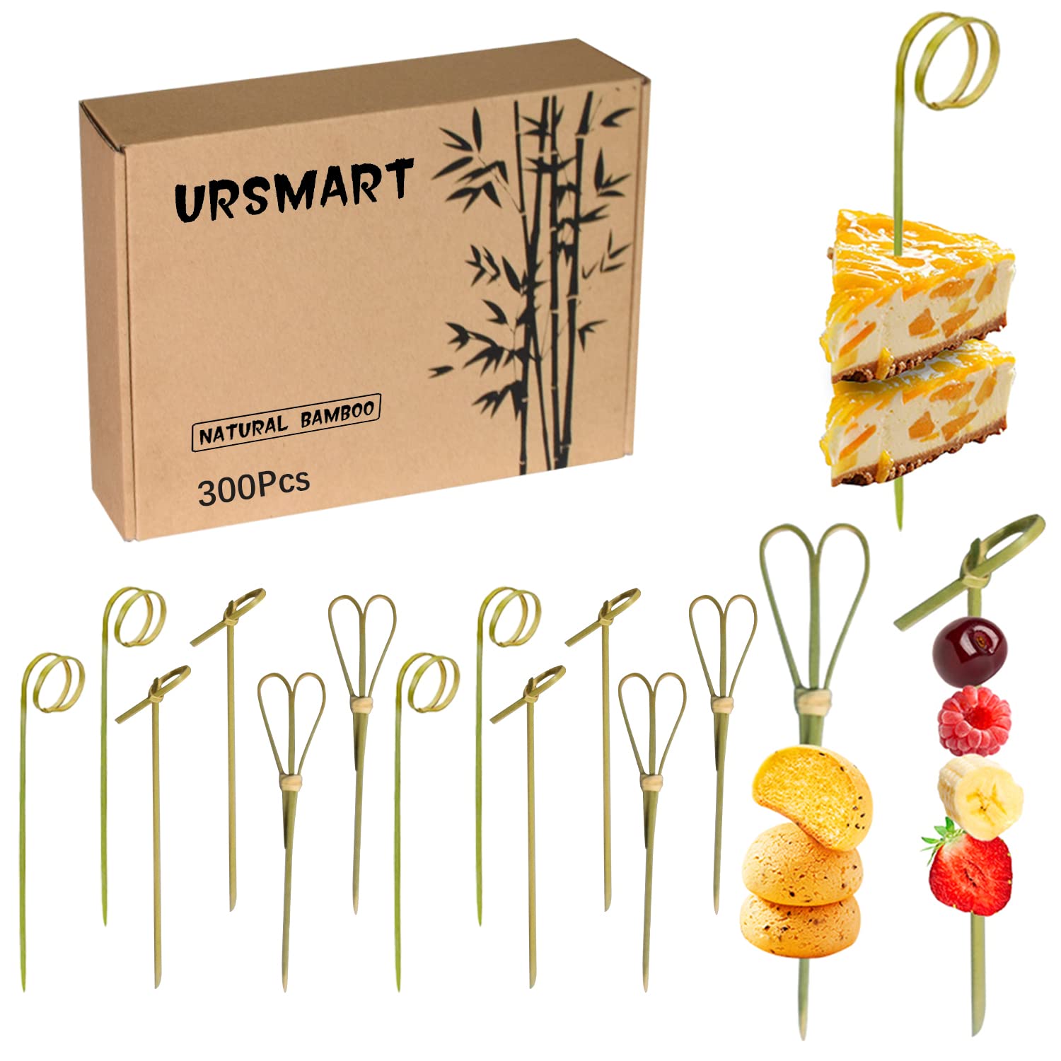 URSMART 300PCS Bamboo Cocktail Picks,Toothpicks for Appetizers 4.7Inch Appetizer Picks,Bamboo Handmade Skewers with Loop,Knot&Scissors for Appetizers,Cocktail Drinks,Barbecue(Every Style 100PCS)