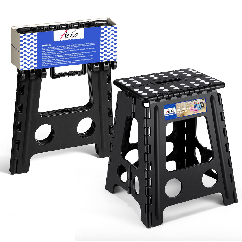 ACKO Folding Step Stool 16 Inch Heavy Duty Step Stool Foldable for Adults and Kids, Collapsible Black Stool with Handle, Non Slip Folding Stools for Kitchen Hold Up to 400lbs
