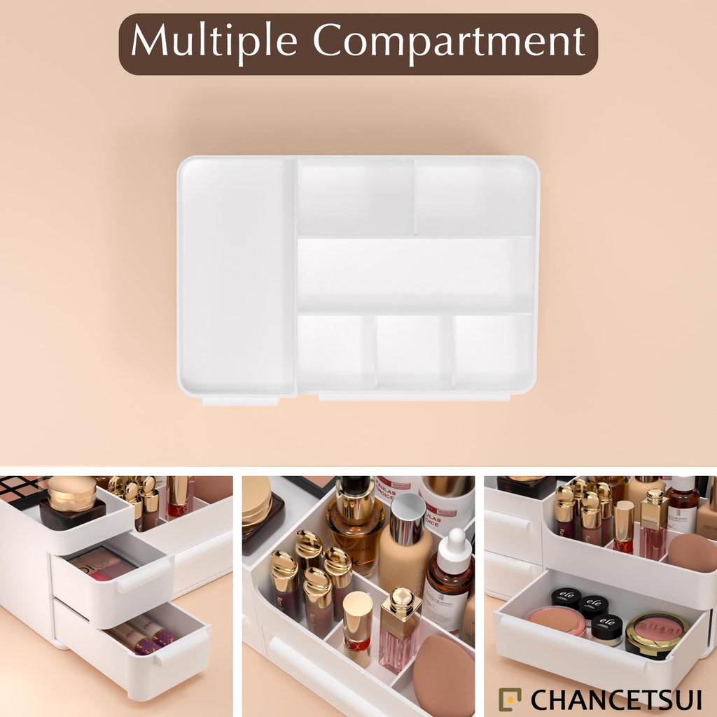 Makeup Desk Organizer, Makeup Organizer With Drawers, Bathroom Countertop Organizer for Cosmetics, Vanity Holder for Lipstick, Makeup Brush Holder/Organizer (White)