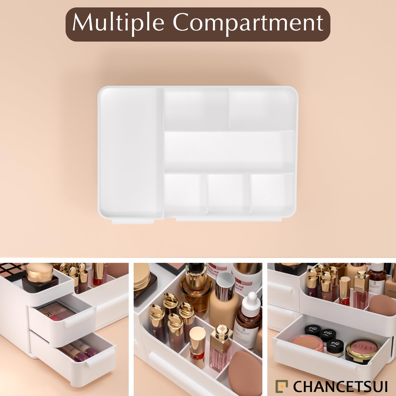Makeup Desk Organizer, Makeup Organizer With Drawers, Bathroom Countertop Organizer for Cosmetics, Vanity Holder for Lipstick, Makeup Brush Holder/Organizer (White)