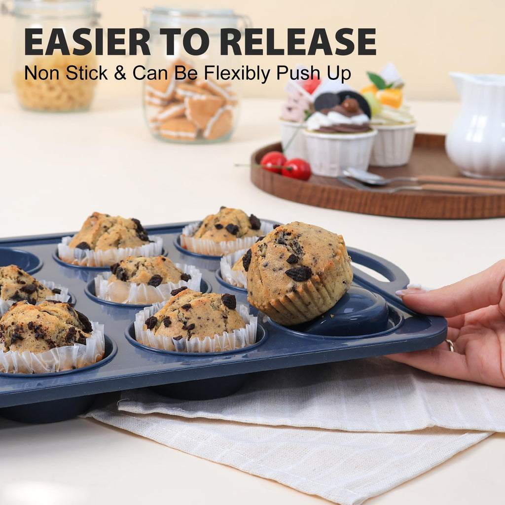 2 Pack Silicone Muffin Pan with Metal Frame, Non Stick Silicone Cupcake Pan with Handles Regular 12 Cup, BPA Free Silicon Muffin Tin Tray for Baking, Egg Bites, Cupcake Mold Grey