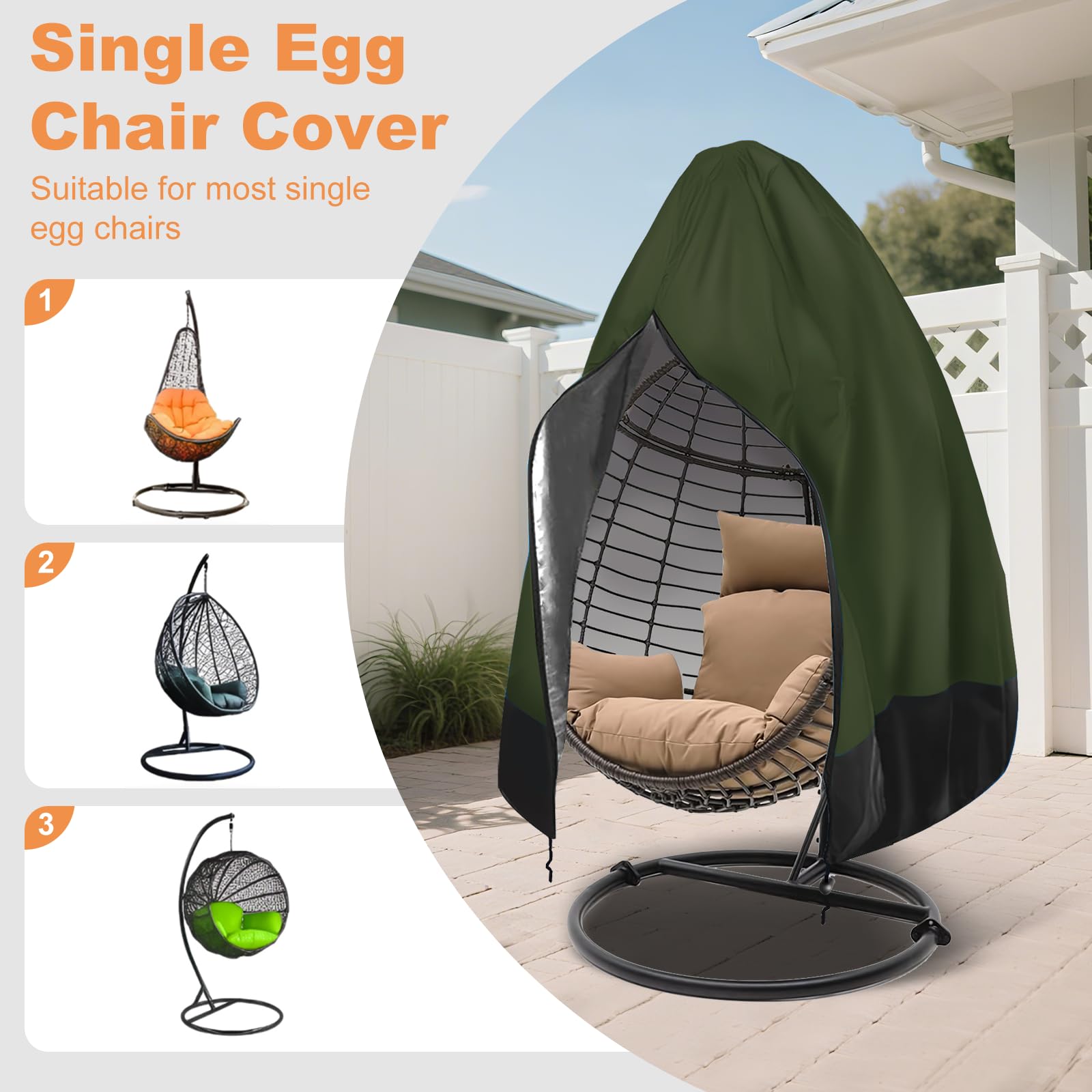 Impulja Patio Egg Chair Cover with Zipper, Heavy Duty 420D Oxford Outdoor Hanging Egg Chair Cover, Waterproof UV Resistant Windproof, Wicker Swing Egg Chair Cover, Fits 75"H x 45"W(Green)