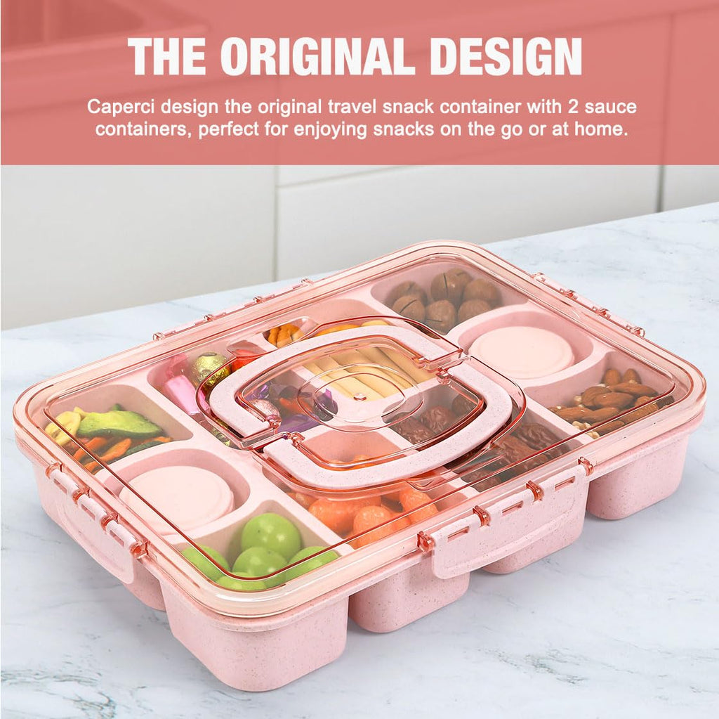 Caperci Large Snack Box Container - 10-Compartment Divided Serving Tray with Lid and Handle & 2 Dip Containers, Dishwasher Safe, Leak-Proof, Wheat Straw, BPA-Free (Pink)