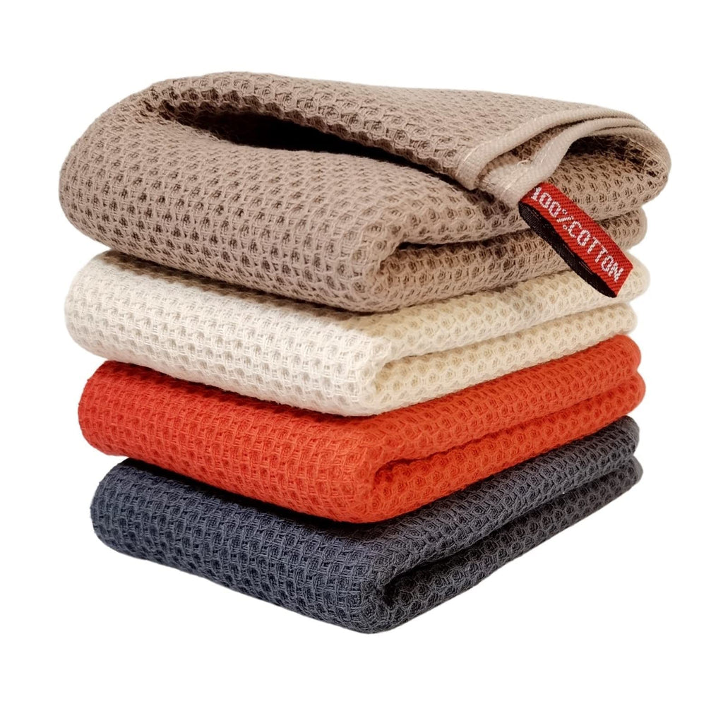 ANEWAY Kitchen Towels 100% Cotton Waffle Weave Dish Towel for Cleaning Drying Dishes Extra Absorbent and Soft, Dish Cloth,13 x 28 in, 4 Pack(Brown)