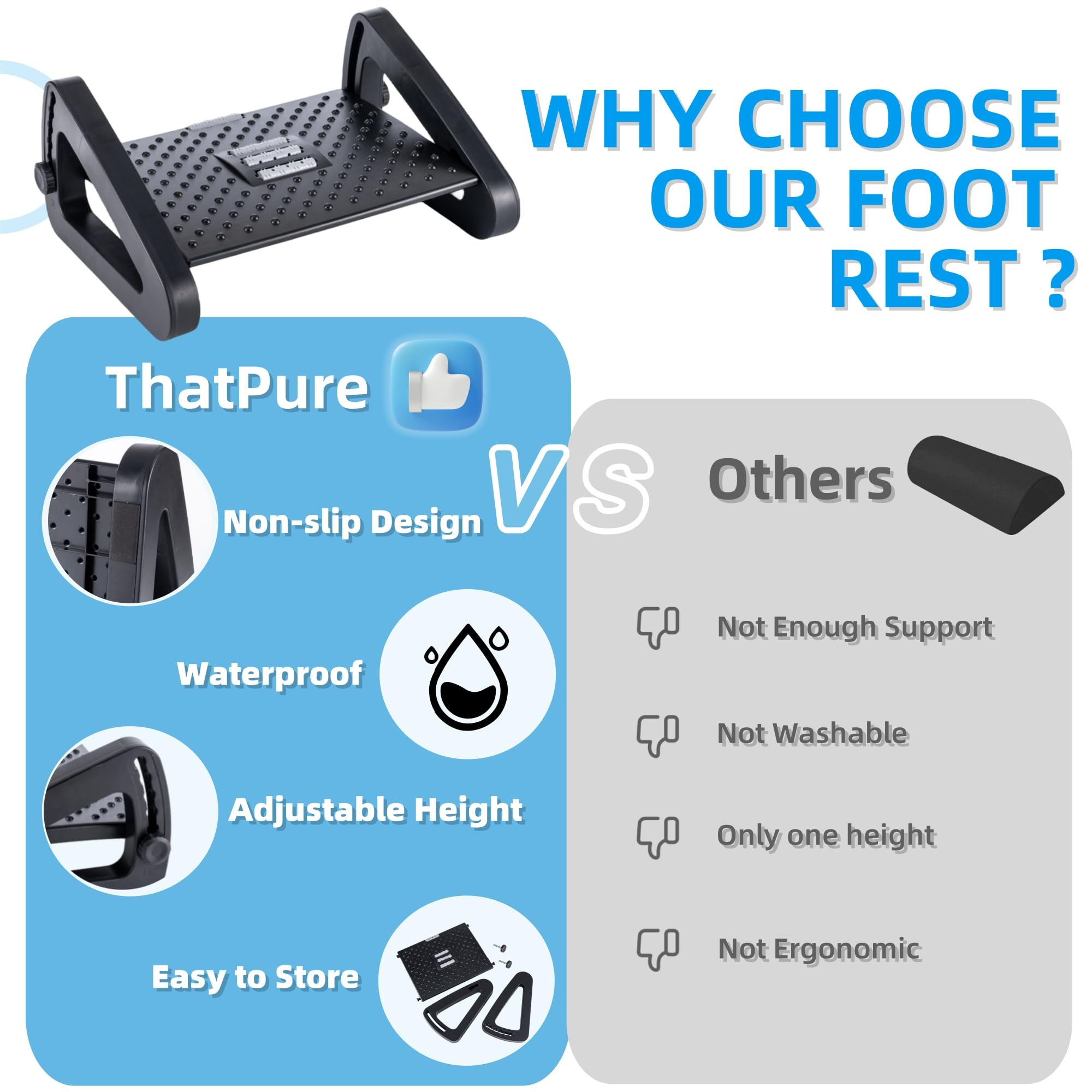 Foot Rest for Under Desk at Work, Foot Stools for Under Office Desk Ergonomic Adjustable Gaming Desk Footrest with 6 Heights, Manual Foot Massage Rollers, Home & Office Use
