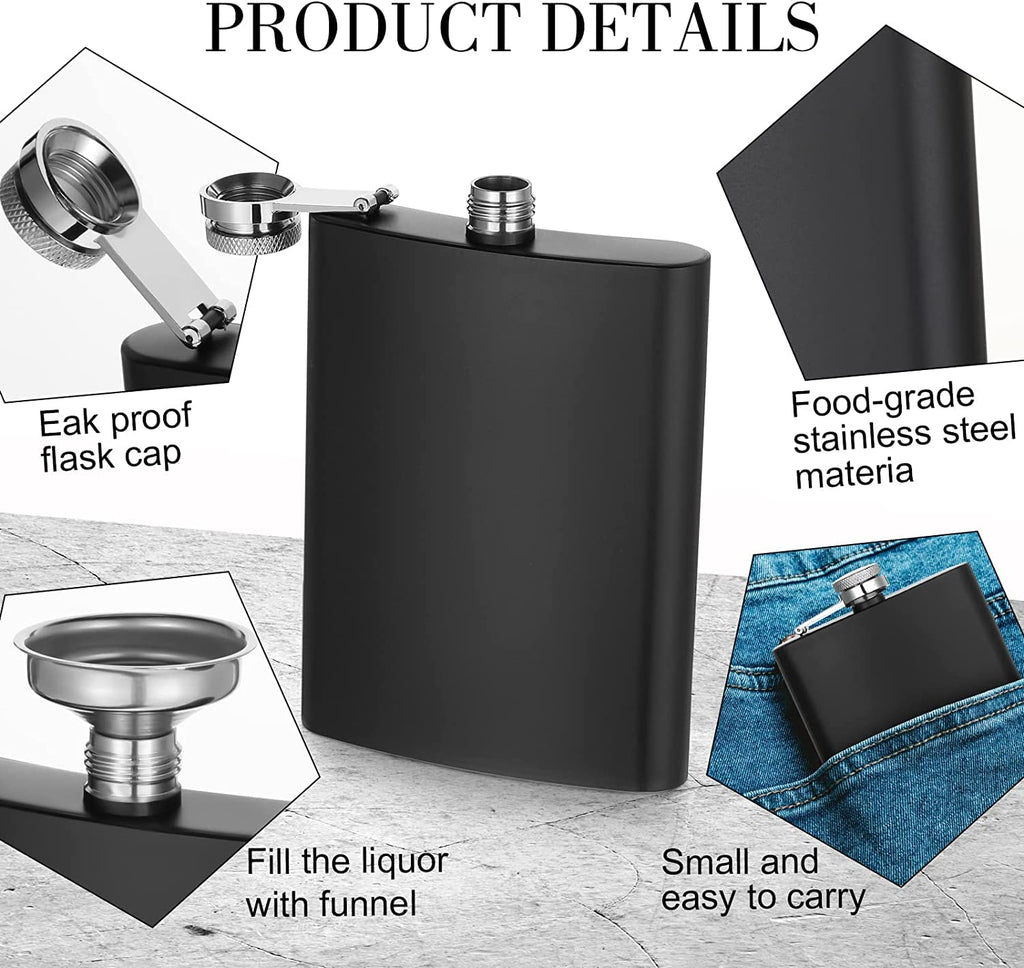 KisSealed Hip Flasks for Liquor, 6 Pack 8 oz Black Stainless Steel Flask with Funnels for Men Women,Wedding Party Groomsman Bridesmaid Birthdays Gift(Black)