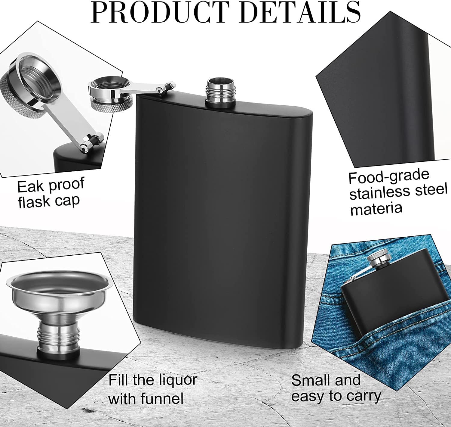 KisSealed Hip Flasks for Liquor, 6 Pack 8 oz Black Stainless Steel Flask with Funnels for Men Women,Wedding Party Groomsman Bridesmaid Birthdays Gift(Black)