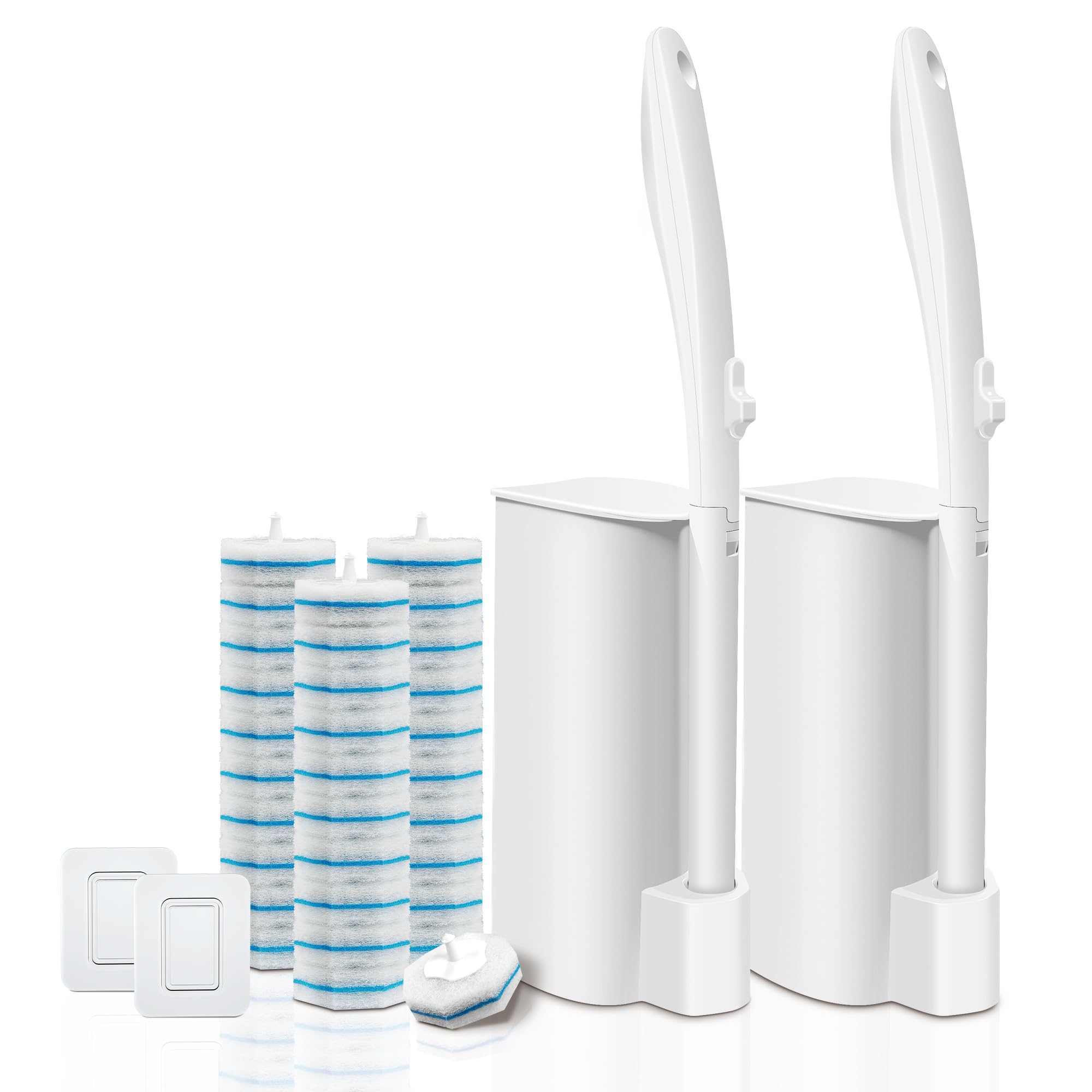 Disposable Toilet Brush with 30 Brush Heads, 3-in-1 Toilet Cleaning System Set-2 Ergonomic Toliet Wand, 2 Compact Holder, 30 Pre-Filled Cleaning Solution Refills for Deep Scrub Toilet. 2 Pack.